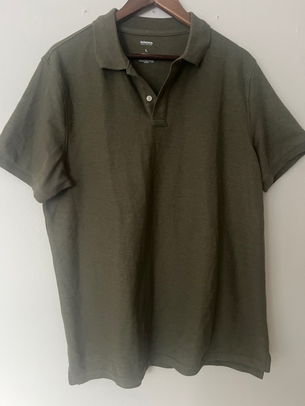 Sonoma Classic Olive green short sleeve Polo Shirt, Mens Size L.